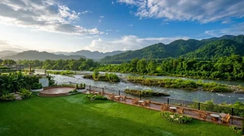 Lush post-monsoon landscape and Kosi River at Manu Maharani Resort in Jim Corbett